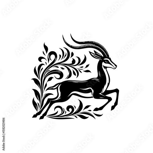 Wallpaper Mural A stylized black and white illustration of a leaping gazelle amidst ornate floral foliage. Torontodigital.ca