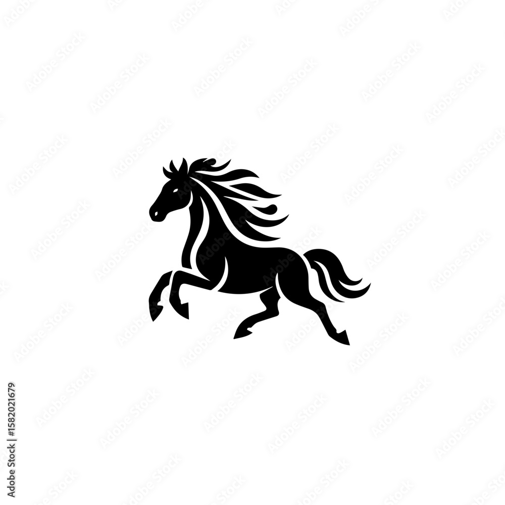 Obraz premium A stylized black silhouette of a horse in a dynamic, leaping pose against a white background.