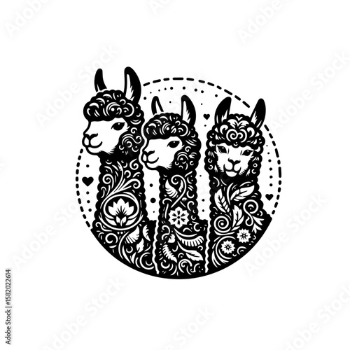 Decorative Llamas in a Circle: This image features three beautifully decorated llamas arranged in a circular composition with intricate patterns and a charming artistic style.
