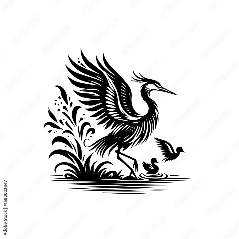 Fototapeta premium Crane and Ducklings: This elegant engraving presents a stately crane, its wings spread in a display of dominance, guiding two ducklings in a serene body of water. The illustration speaks of family.