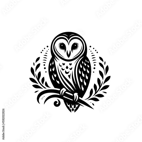 Owl Icon in Elegant Design: A meticulously crafted owl icon, showcased in an elegant black and white design with symmetrical details and a hint of the natural world.