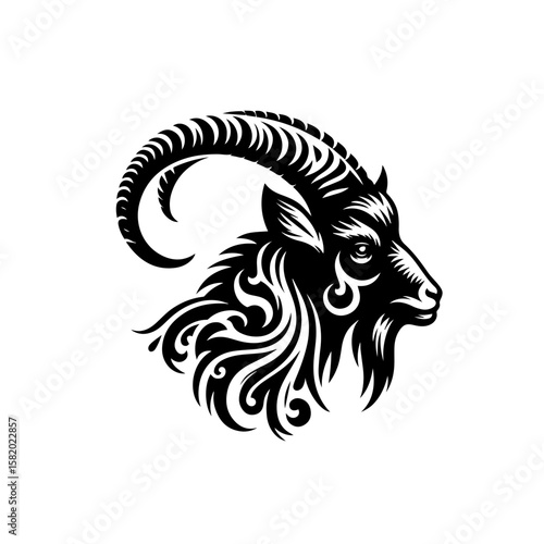 Powerful Goat Silhouette: An artistic illustration depicts a strong goat in elegant silhouette. This image will ignite and make a statement of strength and artistry.