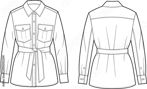Fashion flat sketch of belted shirt dress, front and back view, button down design, chest pockets, waist tie, Adobe Stock