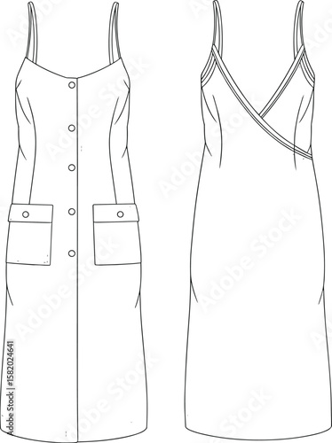 Fashion flat sketch of women’s strappy dress with buttons, pockets, back wrap design, technical illustration for apparel design template