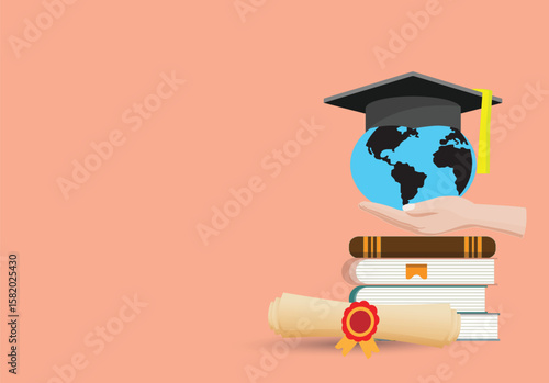 Hand holds a globe symbolizing education and global achievement, Ideal for educational content, graduation announcements, or international studies,
