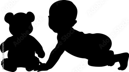 Silhouette of a baby crawling towards a teddy bear toy on a white background in a simple illustration