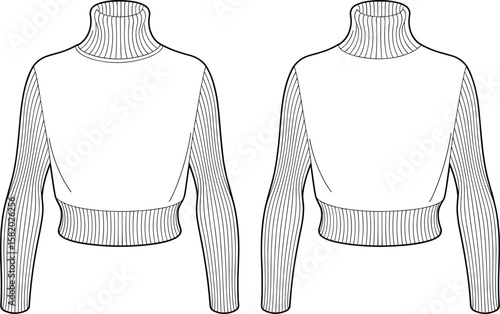 Fashion sketch of women’s turtleneck cropped sweaters, front and back view, technical drawing, vector outline design for apparel templates