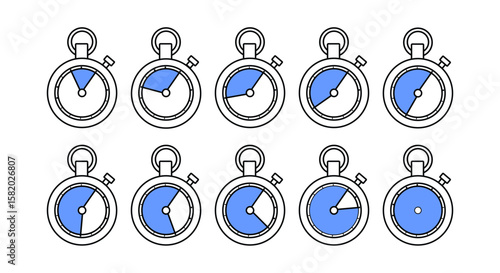 Set of stopwatch icons showing various time intervals with blue fill. Ideal for timers, deadlines, and progress indicators.