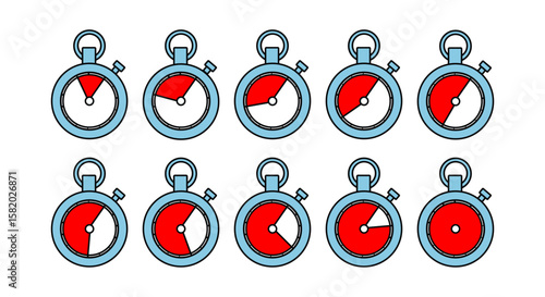 Set of stopwatch icons showing various time intervals. Represents countdowns, deadlines, sports timing, and productivity concepts.