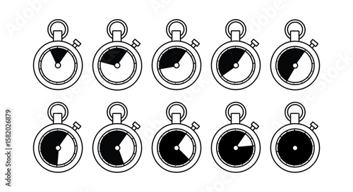 Set of black and white outline stopwatch icons showing various time intervals. Ideal for timers, deadlines, and progress indicators.