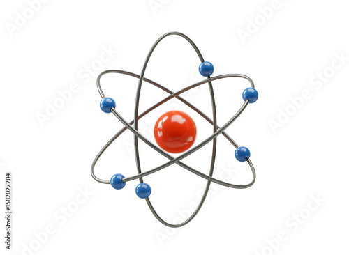 Abstract atomic model with nucleus orbiting electrons isolated on transparent background