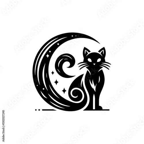 Celestial Cat Emblem: A sleek black cat silhouette gazes serenely, perched within a crescent moon and swirling cosmic elements, depicting mystical allure and night-time magic.
