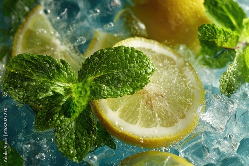 Close-up of lemon slices and fresh mint leaves nestled amongst ice cubes on a teal background, illuminated by bright light, showcasing juicy citrus and vibrant green