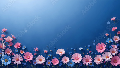 Colorful flower border with blue sky gradient 
