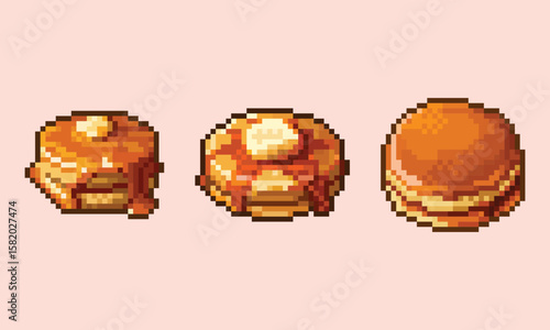 Pixel Art Pancake Set Retro Breakfast Icons. A delicious set of 8-bit style pixel art breakfast food icons. 