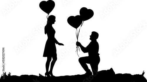 Silhouette of a man proposing to a woman with heart shaped balloons in a romantic setting outdoors