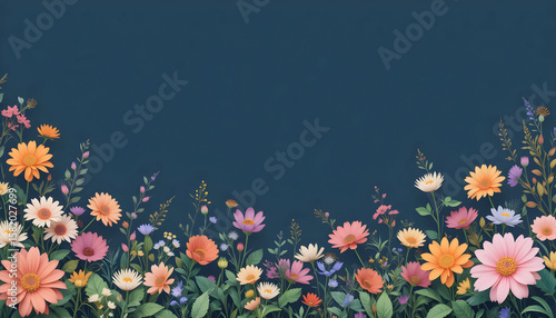 Colorful floral border with navy blue background 