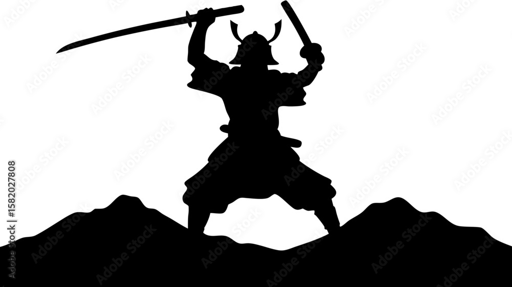 Obraz premium Silhouette of a samurai warrior with two swords standing on a mountain range in a dramatic pose