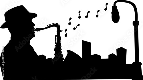 Silhouette of a musician playing saxophone with city skyline and street lamp in the background scene art