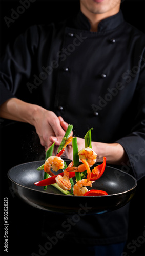 Chef Tossing Stir-Fry with Colorful food ingredients in a Pan