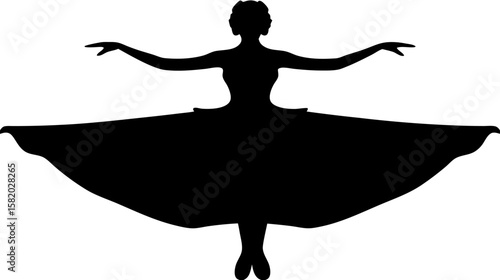 Silhouette of a ballerina with arms outstretched and a large dress in a classical dance pose design