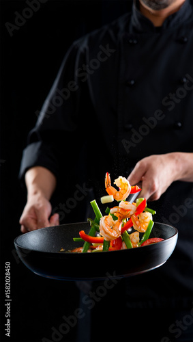 Chef Tossing Stir-Fry with Colorful food ingredients in a Pan