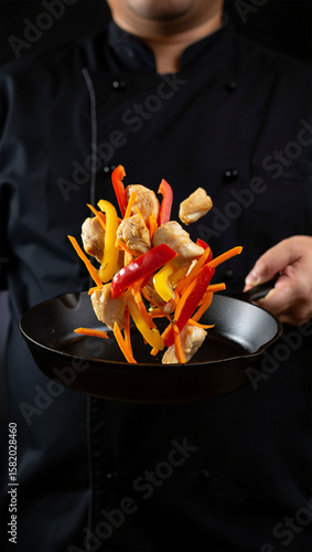 Chef Tossing Stir-Fry with Colorful food ingredients in a Pan