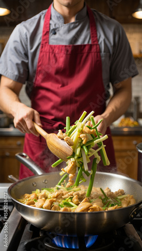 Chef Tossing Stir-Fry with Colorful food ingredients in a Pan