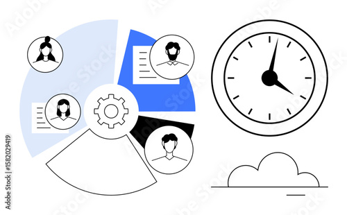 Gear mechanism with team profiles on segments, document icons, clock emphasizing time tracking, cloud below. Ideal for teamwork, productivity, collaboration, process management, scheduling deadline