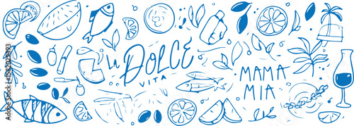 Italian food and drink doodles with lemons fish olives and text vector