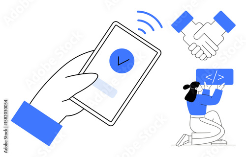 Hand holding phone with checkmark, handshake, and coding board. Ideal for technology, partnership, trust, mobile payment, software development, team collaboration simple landing page