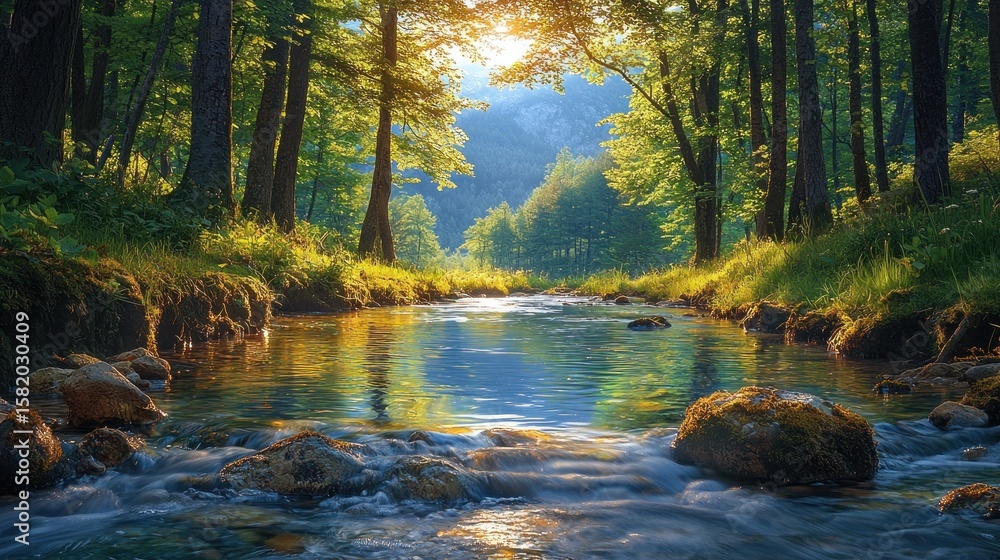 Obraz premium Serene forest stream bathed in sunlight. Crystal clear water flows through lush green trees, reflecting the sunlight. Tranquil natural beauty