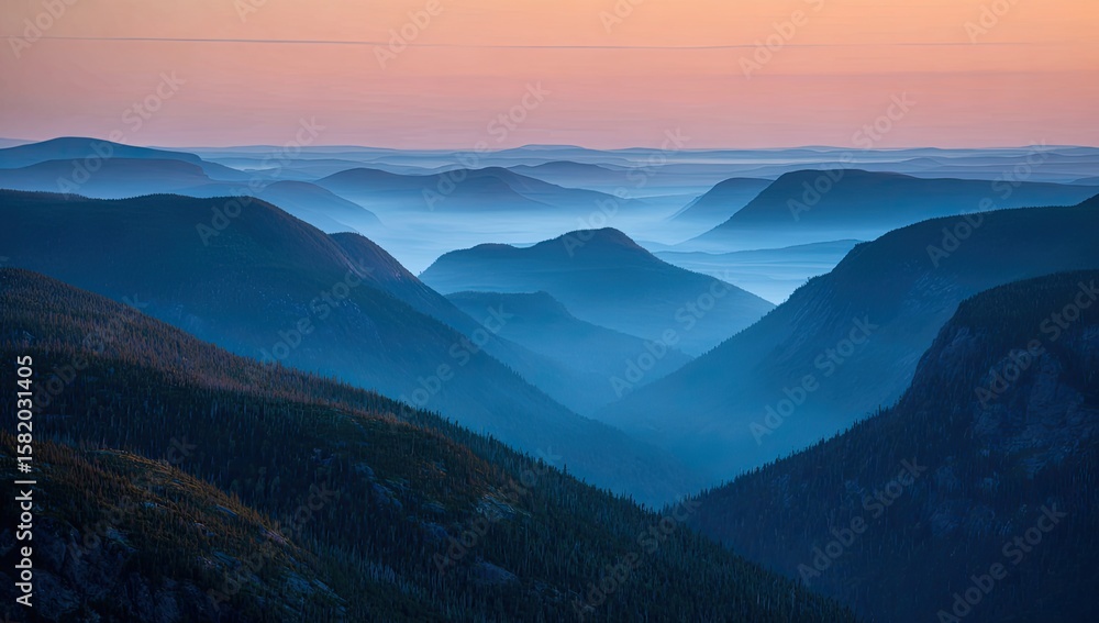 Misty, layered mountains at dawn, showcasing a serene, cool-toned palette of blues and purples, with a hazy, atmospheric perspective Misty, layered mountains at dawn, showcasing a serene, cool-toned palette of blues and purples, with a hazy, atmospheric perspective
