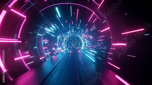 Futuristic tunnel with vibrant neon lights and dynamic motion, creating an immersive experience