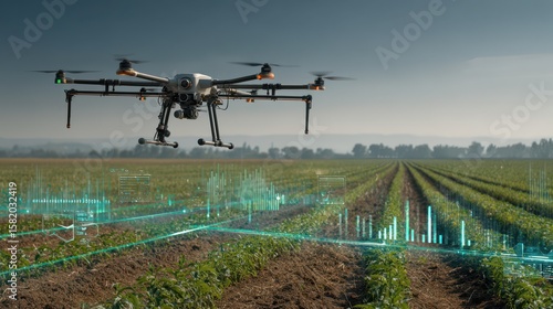 Agricultural drone flying above cultivated farmland with digital data graphics, demonstrating precision farming, smart agriculture, and modern technology used for crop monitoring and analysis