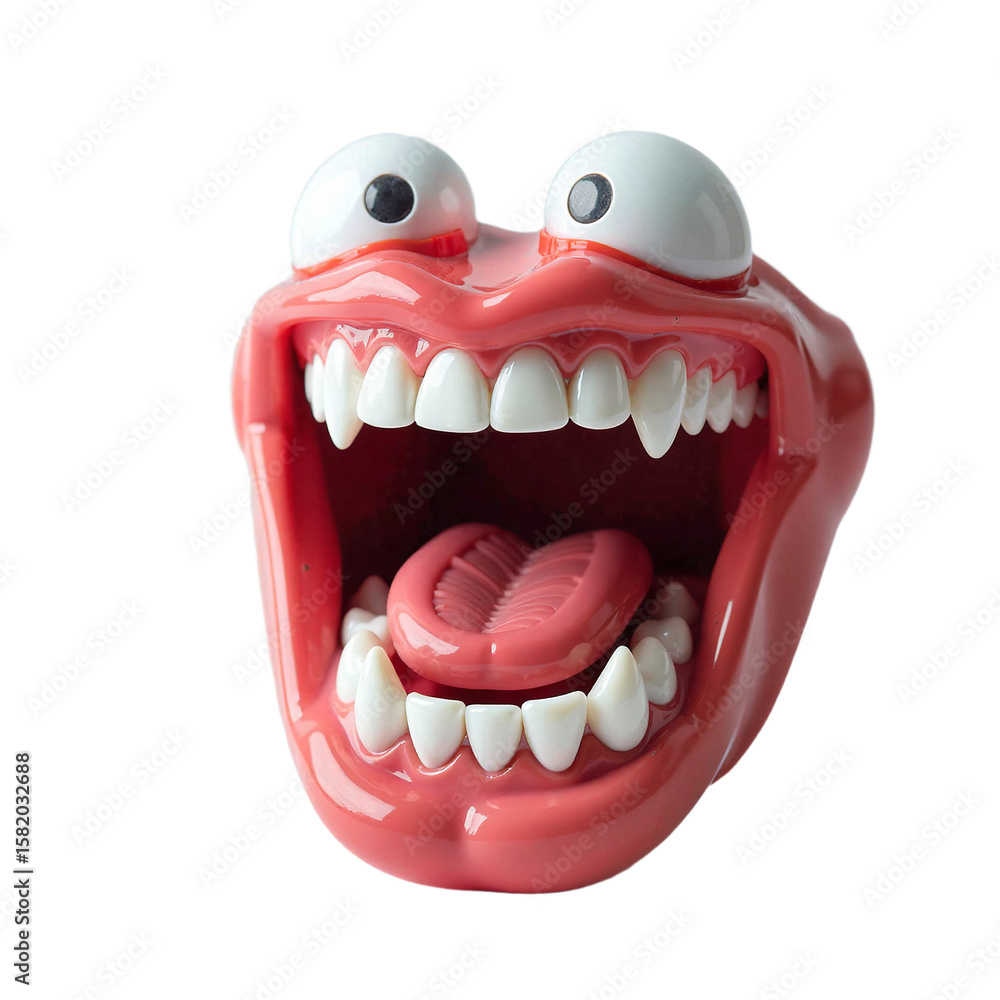 Naklejka premium Joke fangs toy isolated, Transparent plastic gadget, Compact scary object, Fun costume unit, White novelty tool, Classic prop piece, Party accessory