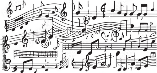 Musical notes and staves treble clef black and white