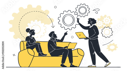 Teamwork collaboration software development process meeting brainstorming strategy solution discussion gears concept