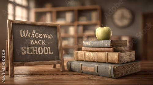 Vintage classroom scene with stack of old books, green apple, and chalkboard sign reading 