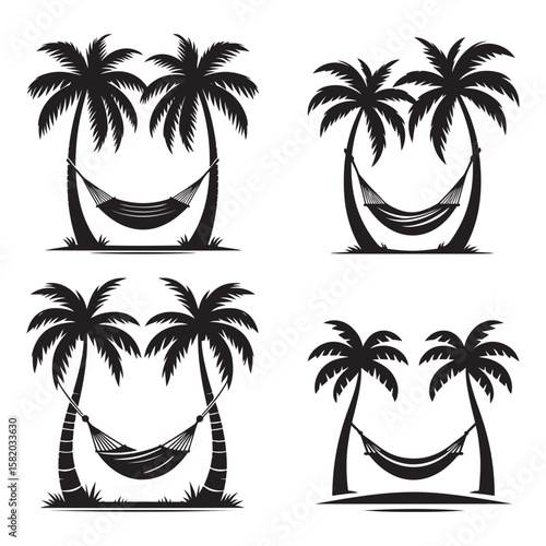 Relaxing Tropical Hammock Silhouette with Palm Trees Vector Set