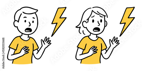Boy And Girl Shocked by Lightning Thunderbolt. Child Reacting, Fearful Expression, Surprised Face, Cloud Element. Hand-Drawn Doodle Style Line Vector Illustration