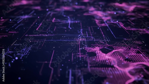Abstract Digital Network with Pink and Purple Circuit Board on Dark Backdrop