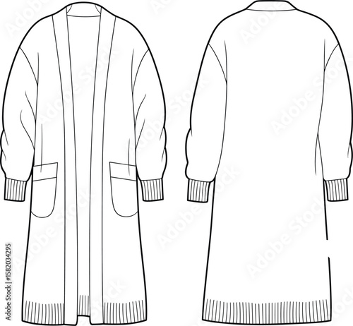 Flat sketch of long cardigan coat with patch pockets, ribbed hem and cuffs, fashion illustration for women’s outerwear design