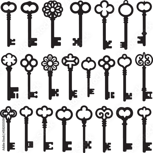 A Diverse Collection of Antique Skeleton Keys Decorative Designs in Black Silhouette A Vintage Locksmiths Assortment for Crafting