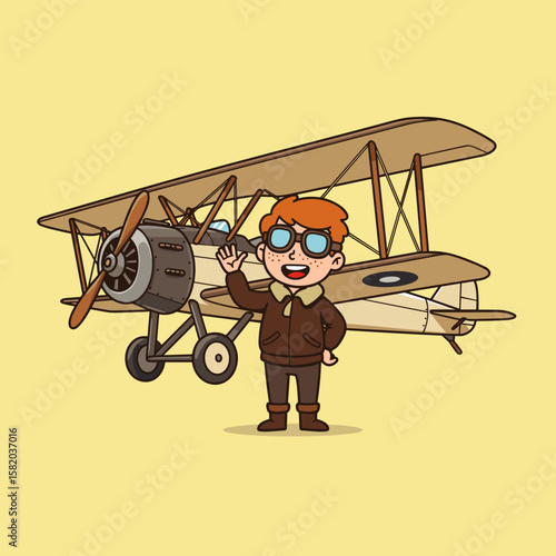 Cartoon pilot in a brown jacket waving beside a vintage biplane with wooden propeller, set against a yellow background.