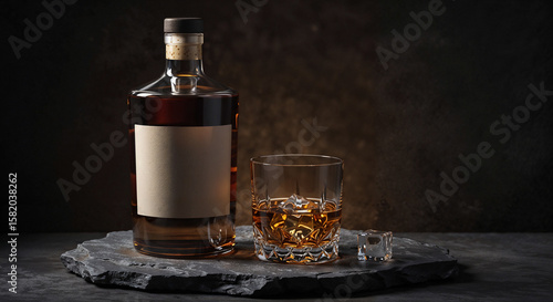 mockup of empty bottle with strong alcohol and glass . Generative AI