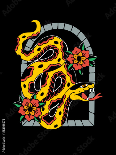 snake flower traditional tattoo clothing illustration streetwear vector tshirt poison drawing procreate color