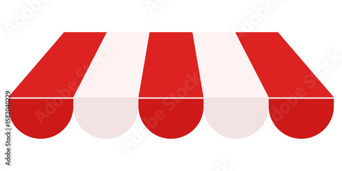 Shop awning tent. Cafe sunshade, store canopy, striped roof with red and white stripes. 