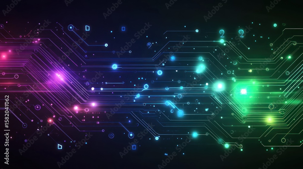 Obraz premium A futuristic, digital-inspired abstract background with glowing circuit lines, geometric shapes, and neon colors in shades of green, blue, and purple