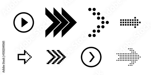 Pixel and line style arrow icons for vector swipe left right up down with next slide and scroll navigation symbols for user interface button and finger hand gesture design